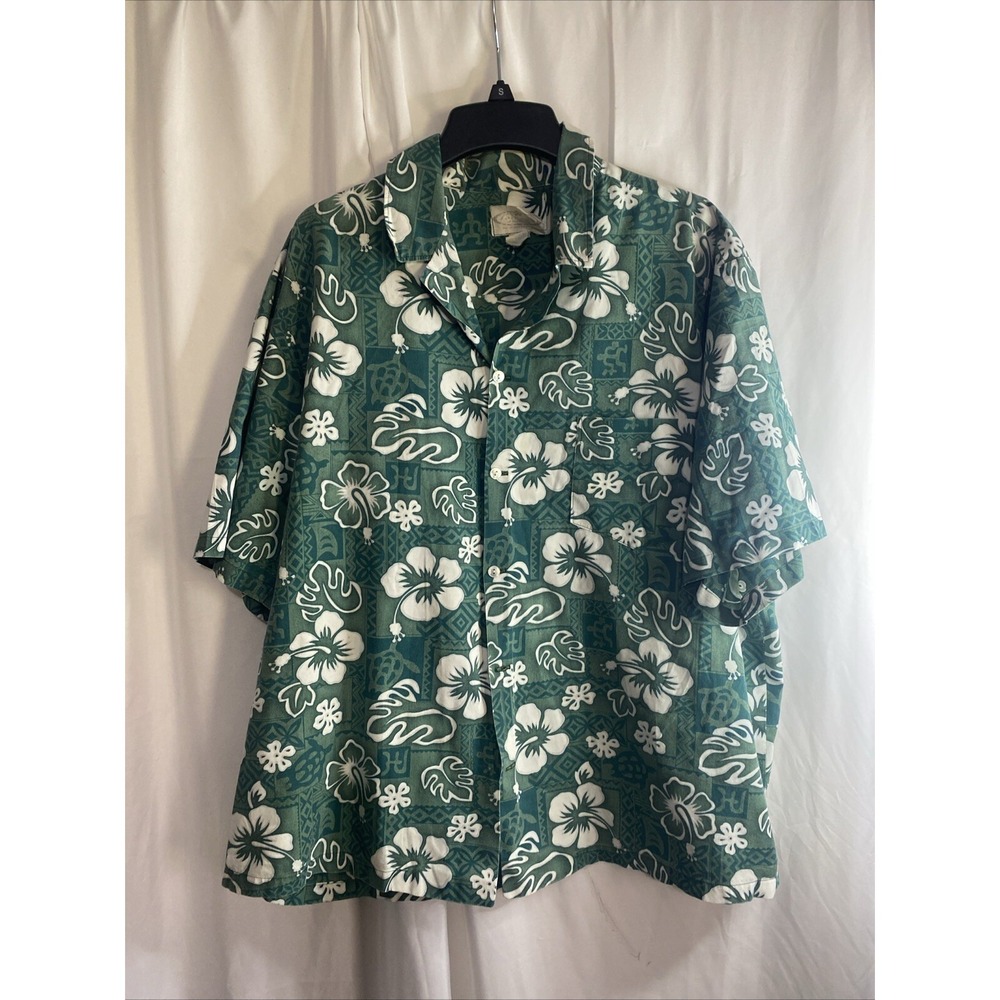 North Shore Hawaiian Shirt Mens XL Green Hibiscus Floral Print Button Up